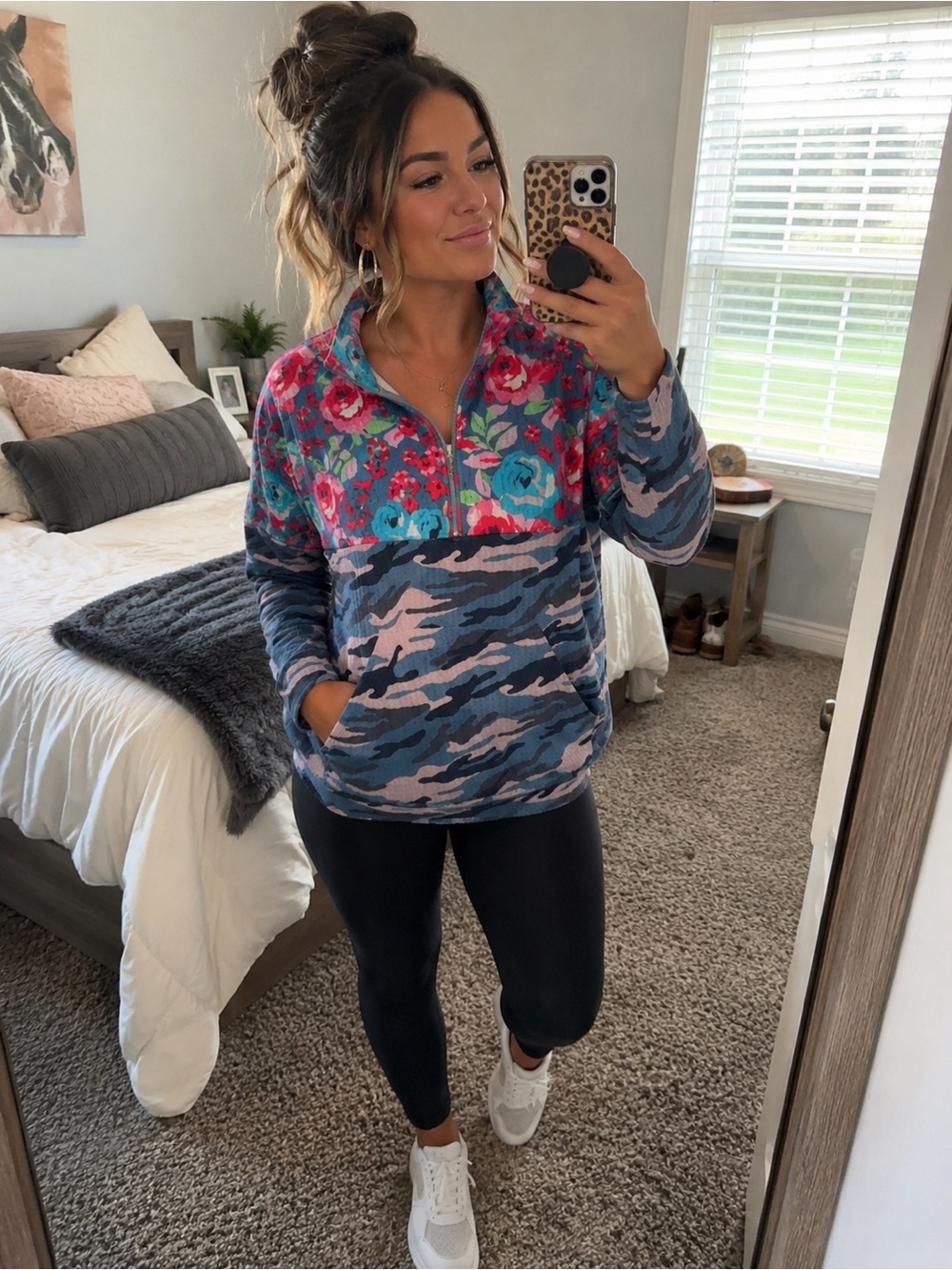 Women's Floral & Camo Half‑Zip Pullover Sweatshirt - Blue/Pink